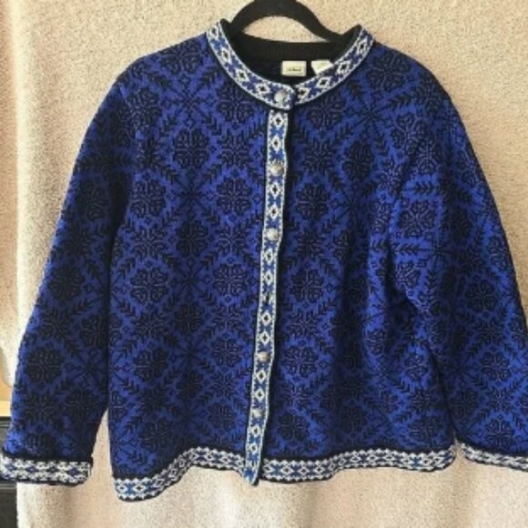 L.L. Bean Sweater Cardigan Womens 1X Blue Nordic Cotton Metal Button Front Heavy - Picture 1 of 7